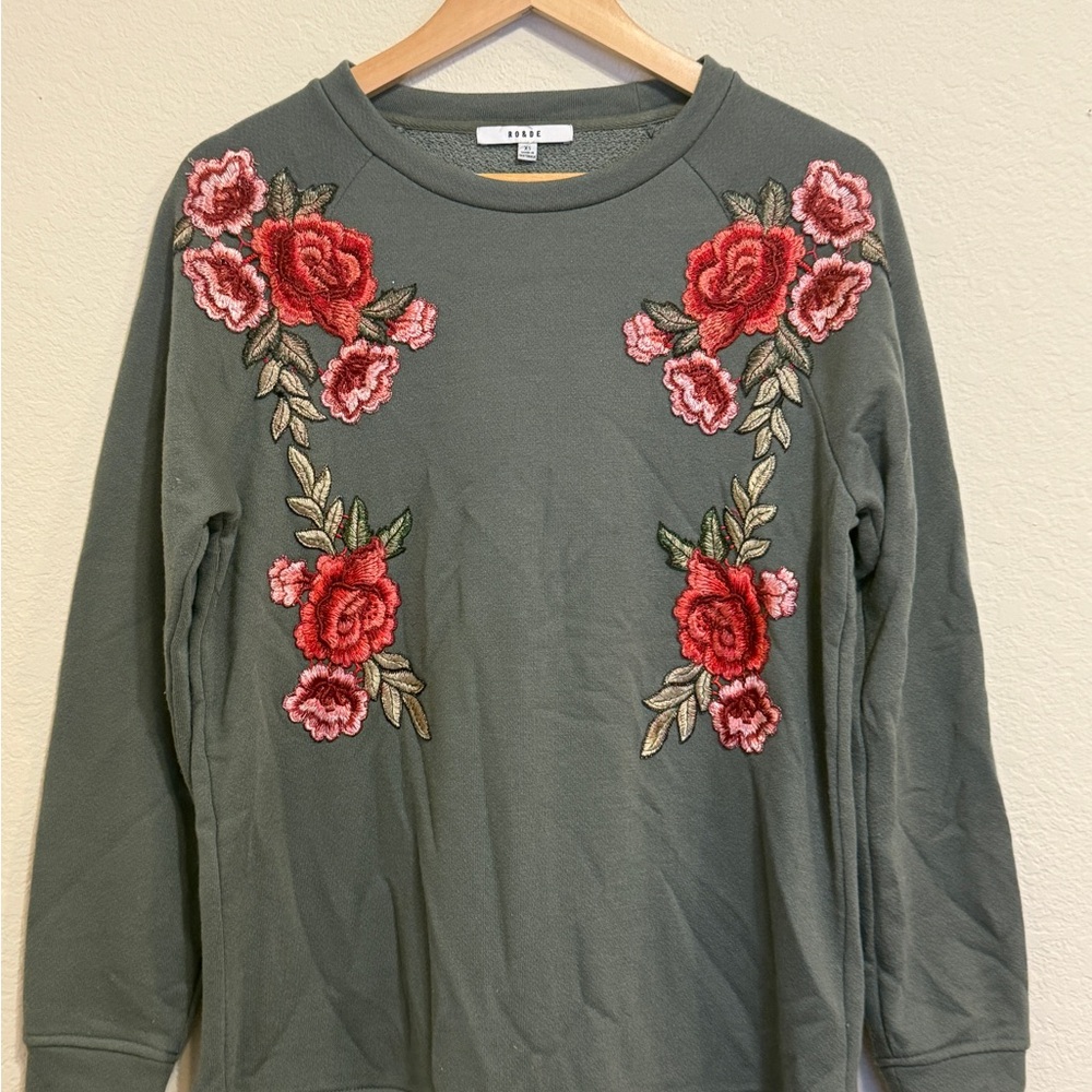 Pixi Green Sweatshirt with Red and Pink Floral Embroidery